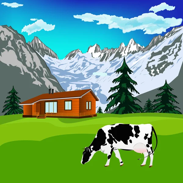 Alp Dağları yeşil meadow.alps landscape.vector üzerinde süt ineği — Stok Vektör