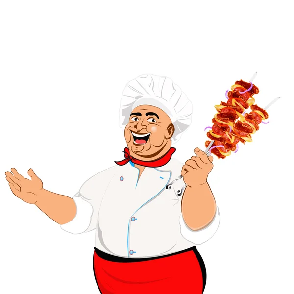 Funny Chef and delicious hot skewers of lamb — Stock Photo, Image