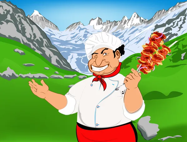 Кумедний шеф-кухар і смачні гарячі шашлики з баранини. Гірський пейзаж — стокове фото