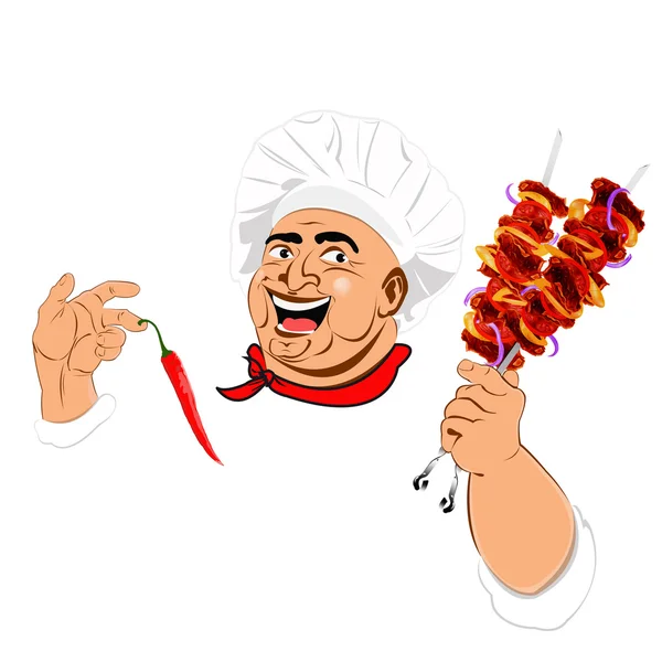 Chef engraçado e deliciosos espetos quentes de cordeiro — Fotografia de Stock