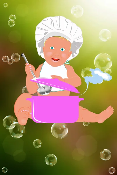 Chef criança em um fundo abstrato. Alimentos nutricionais saudáveis para o bebê — Fotografia de Stock