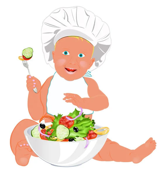 Chef Child and fresh vegetable salad.Healthy vegetable nutrition — Stock Photo, Image