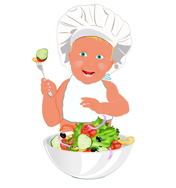 Chef Child and fresh vegetable salad.Healthy vegetable nutrition — Stock Photo, Image