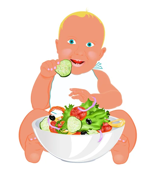 Child and fresh vegetable salad on a white background — Stock Photo, Image