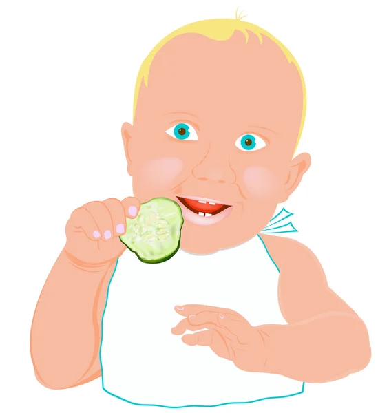 Child and fresh green young cucumber on a white background — Stock Photo, Image