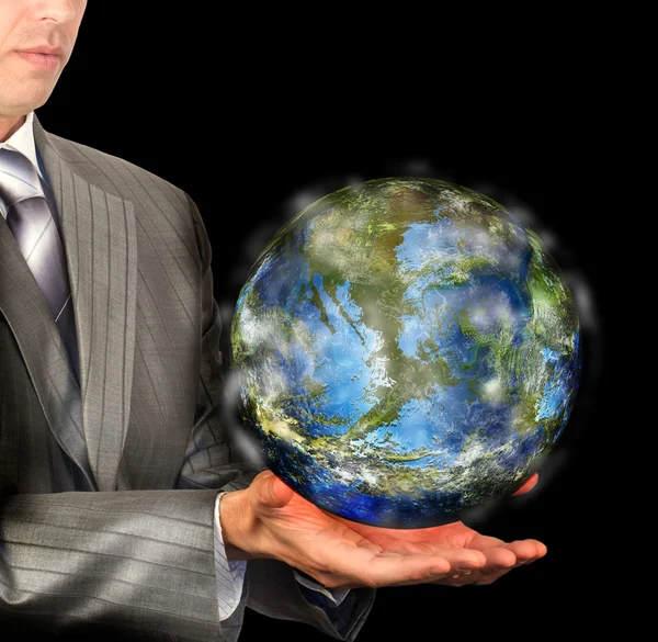 Empresário e globo Terra.Conceito de ecologia — Fotografia de Stock