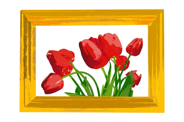 ビンテージ フォト フレーム木製と赤いチューリップの花束 — ストック写真