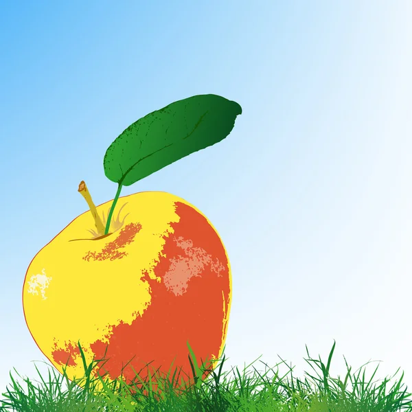 Ripe apple upon green grass on a blue sky background — Stock Photo, Image