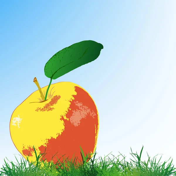 Mogna äpple på grönt gräs på en blå himmel background.vector — Stock vektor