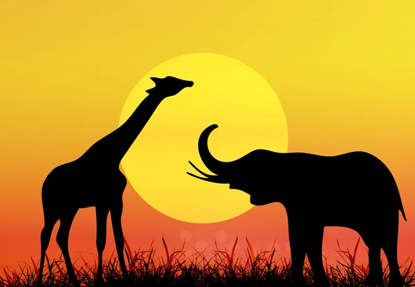 Girafa e elefante no parque nacional. África savana. Paisagem.Vector — Vetor de Stock
