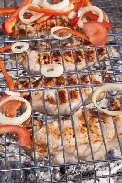 Smakelijk gebraden vlees barbecue met verse groenten — Stockfoto