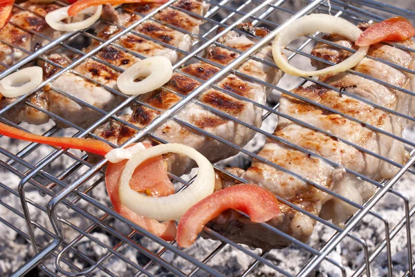 Churrasco de carne assada apetitosa com legumes frescos — Fotografia de Stock