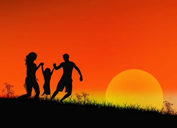 Familia feliz en un fondo de puesta de sol. Vector — Archivo Imágenes Vectoriales