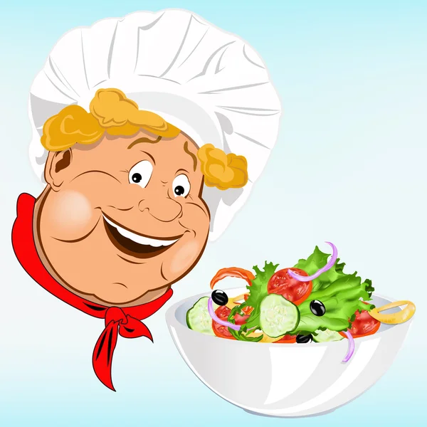 Смешной повар и свежий овощной салат — стоковое фото