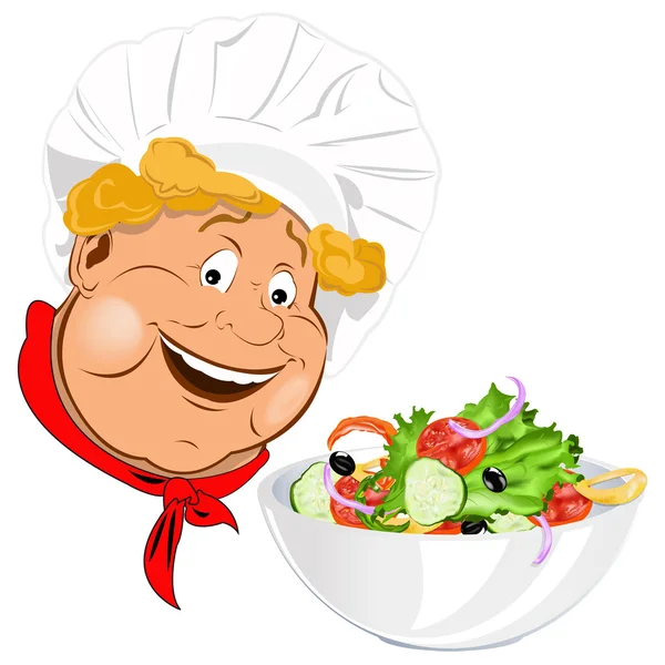 Смешной повар и свежий овощной салат — стоковое фото