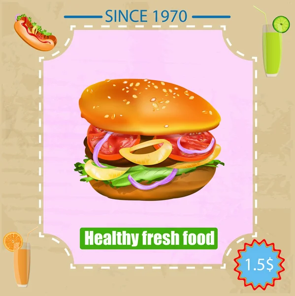 Sabroso afiche de comida rápida deliciosa fresca. Ilustración vectorial — Archivo Imágenes Vectoriales