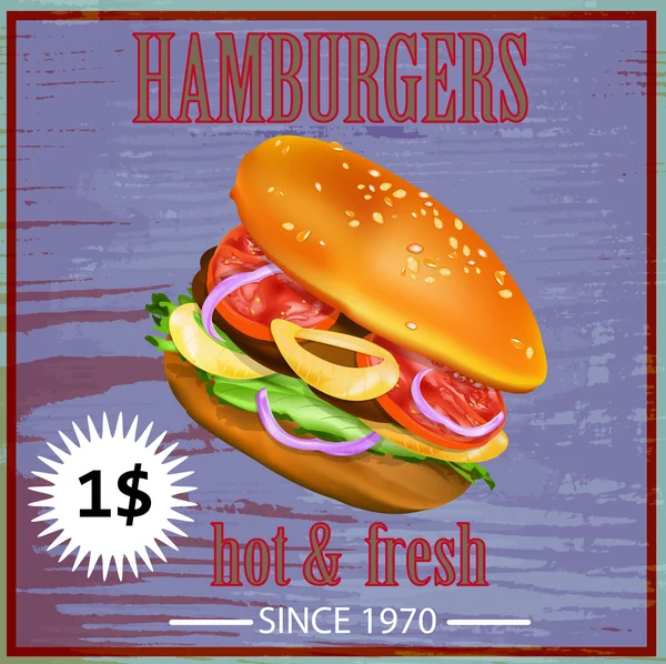 Cartel delicioso fresco sabroso de la hamburguesa.Ilustración del vector — Vector de stock