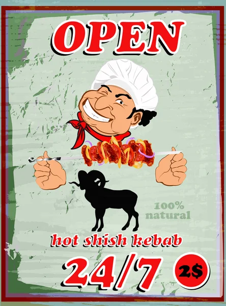 Cartaz de kebab shish delicioso quente fresco da ilustração Chef.Vector —  Vetores de Stock