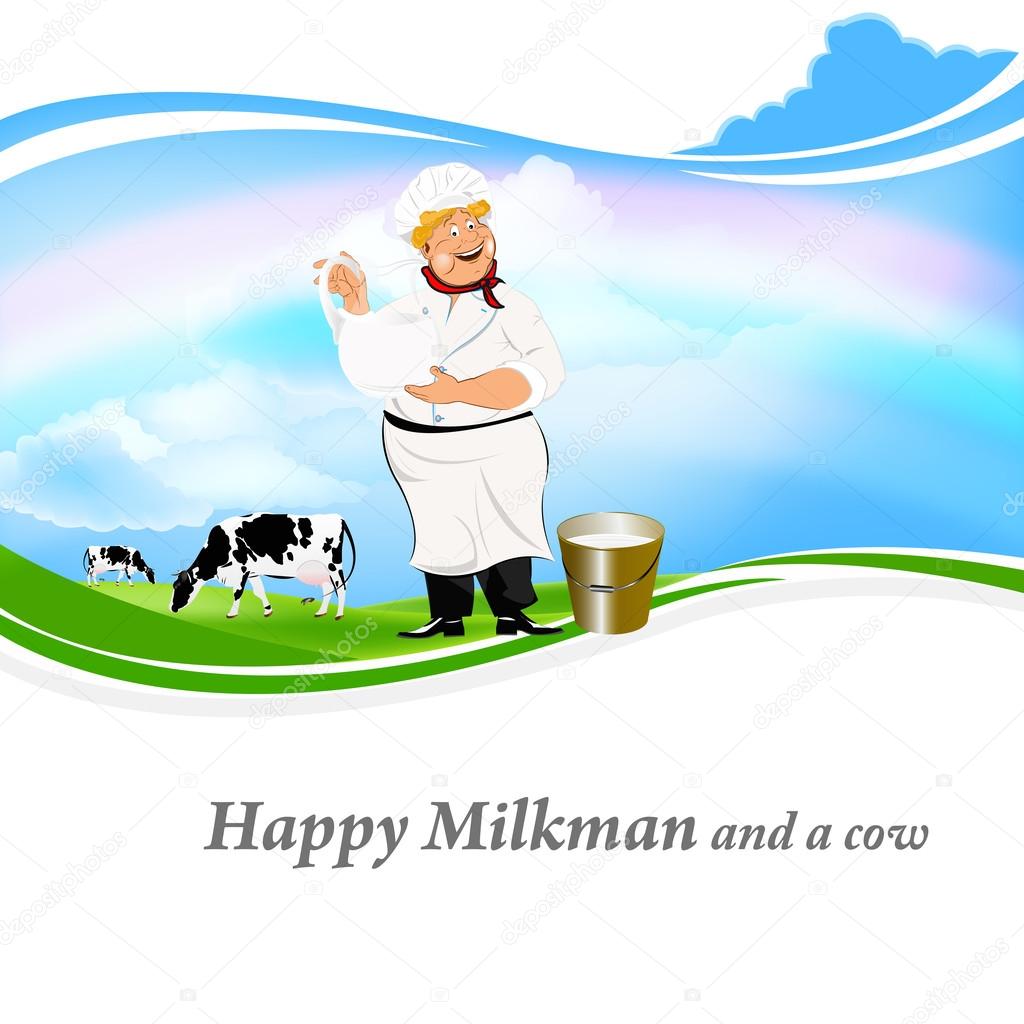 Happy Milkman with a jug of milk and a cow on a green meadow Stock