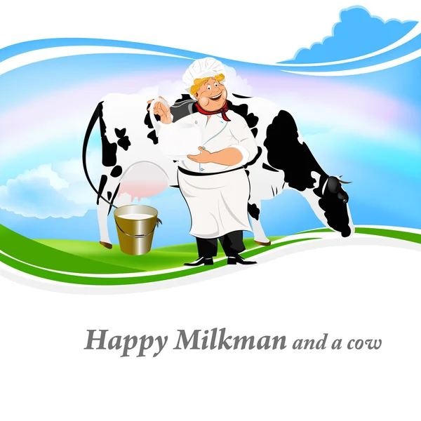 Happy milkman med en kanna mjölk och en ko på en grön äng — Stock vektor