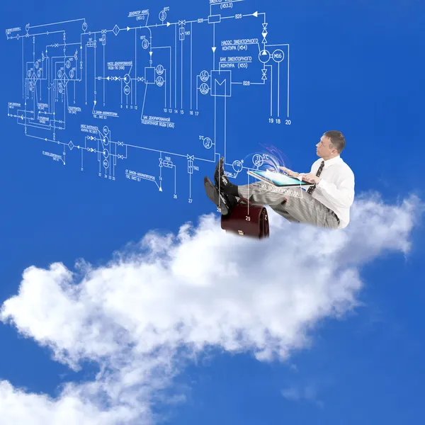 Ingenieur op de wolken en de elektrische regeling. technische ontwerpen — Stockfoto