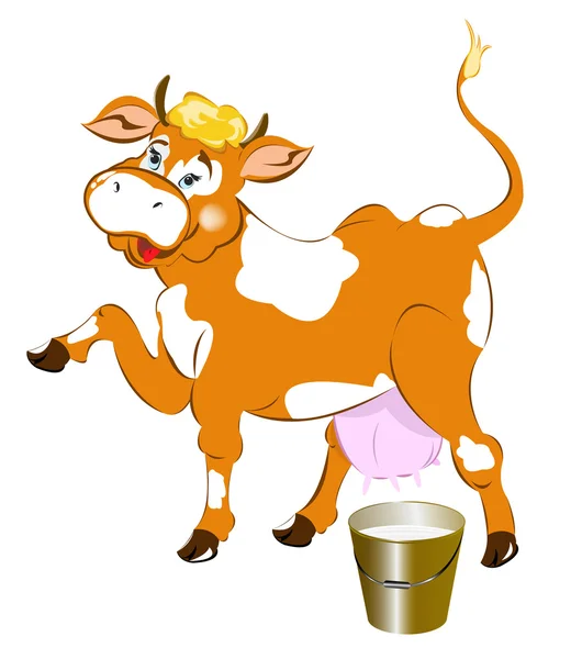 A cheerful cow and a bucket of fresh milk — Stock Photo, Image