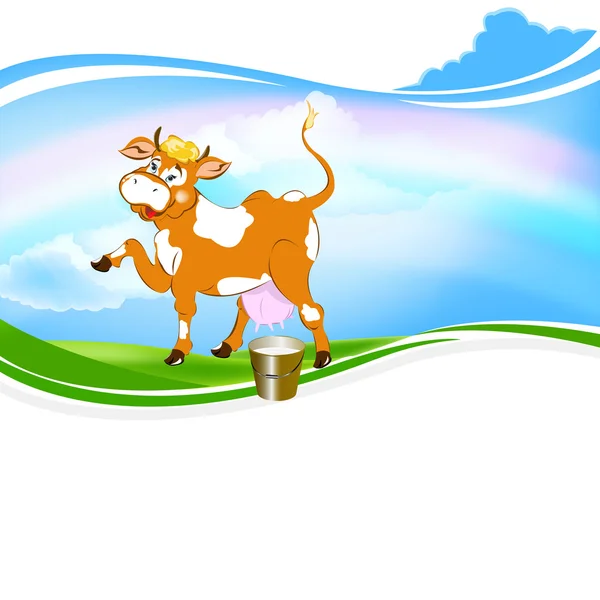 Wesoła krowa i wiadro świeżego mleka na zielonej łące — Zdjęcie stockowe