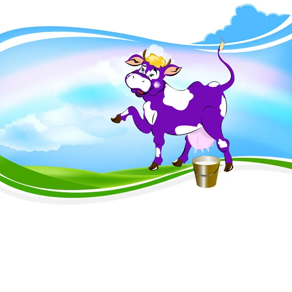 Vrolijke paarse koe en een emmer van verse melk op een groene weide — Stockfoto