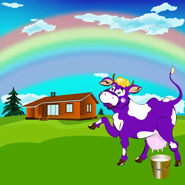 Label dairy products.A cheerful purple cow — Stock Photo, Image