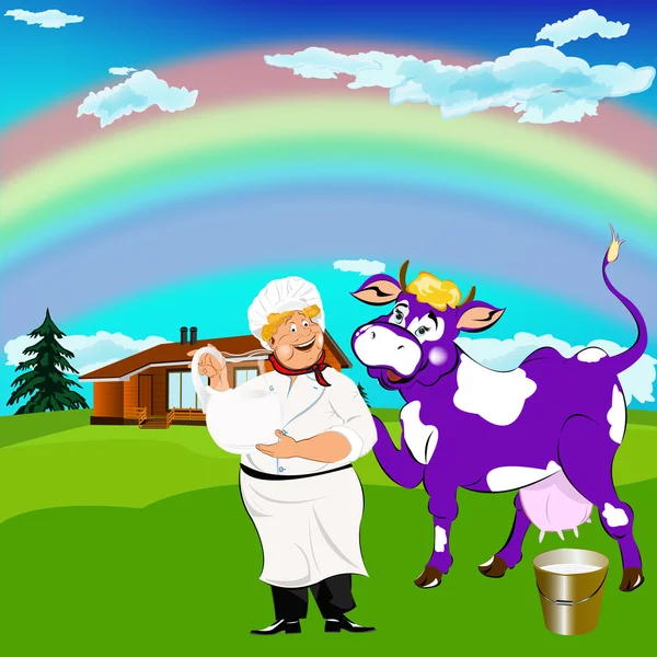 陽気な牛乳配達人と紫色の牛魔女バケツ緑の牧草地で、新鮮な牛乳 — ストック写真