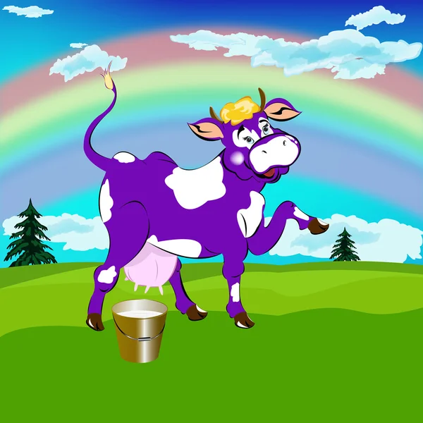 Label dairy products.A cheerful purple cow and a bucket of fresh milk — Stock Photo, Image