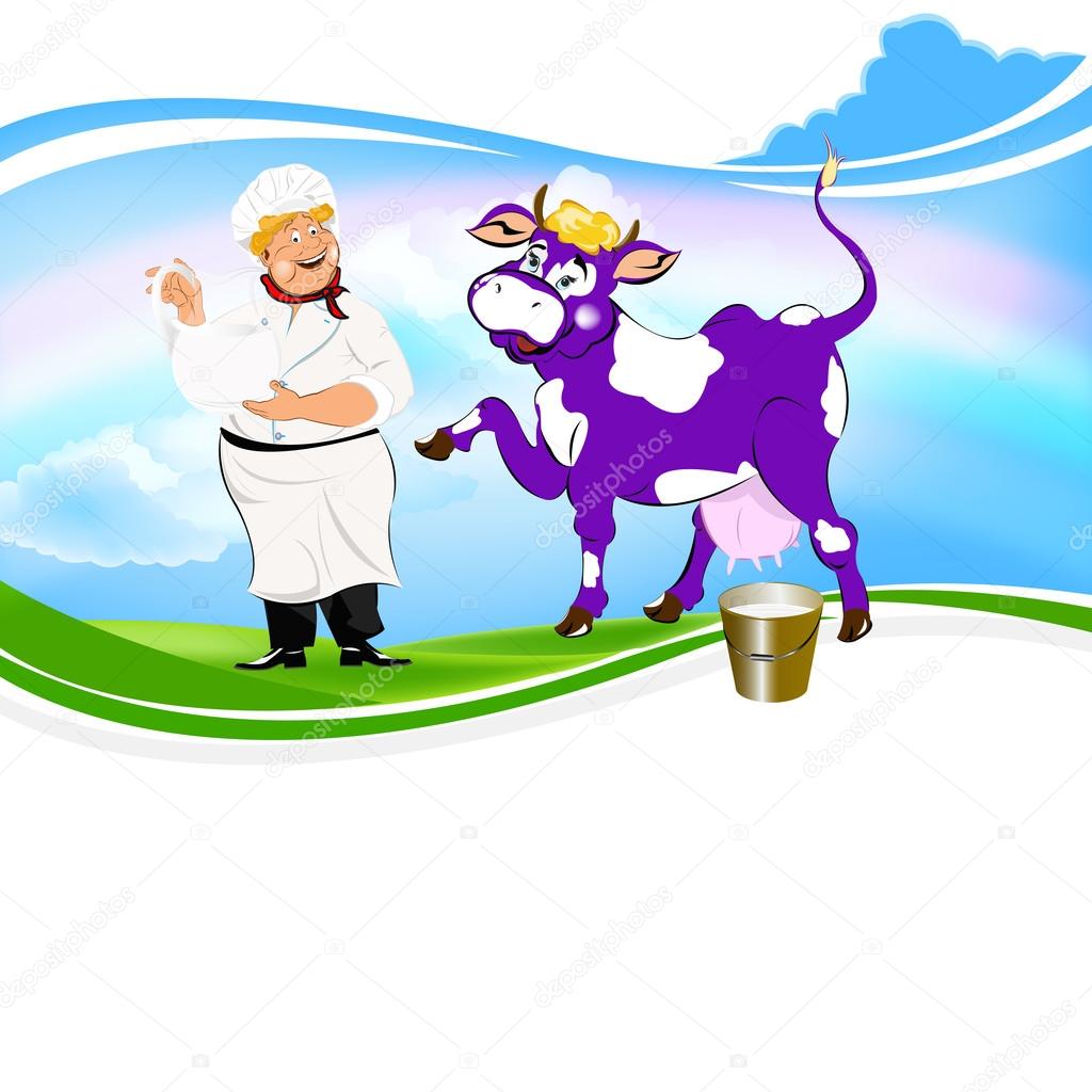 Cheerful milkman and purple cow witch bucket of fresh milk on a green meadow