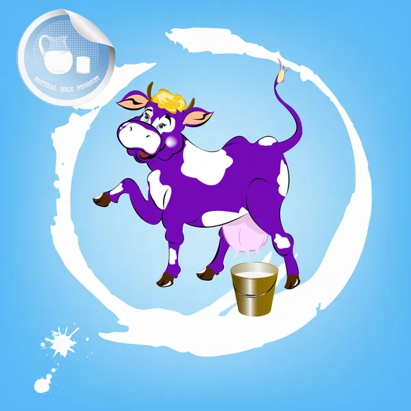 Étiquette produits laitiers.Une vache pourpre joyeuse et un seau de lait frais — Image vectorielle