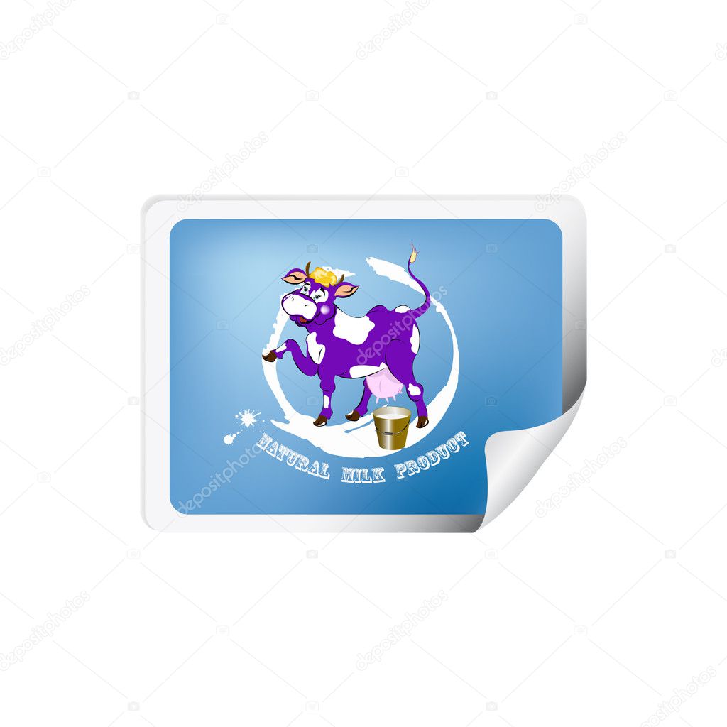 Label dairy products.A cheerful purple cow and a bucket of fresh milk