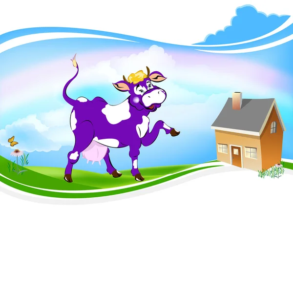 Label dairy products.A purple cheerful cow — Stock Photo, Image