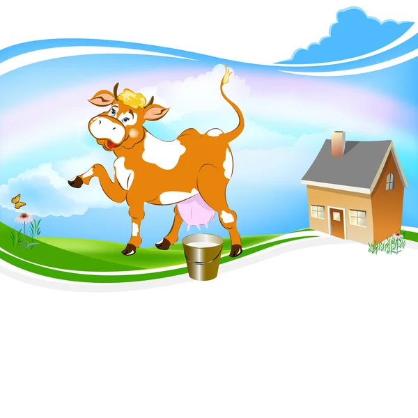 Μια χαρούμενη αγελάδα και ένα κουβά με φρέσκο γάλα σε ένα πράσινο λιβάδι — Διανυσματικό Αρχείο