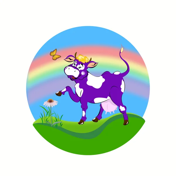 Štítek mléčné products.a fialové veselá kráva — Stockový vektor