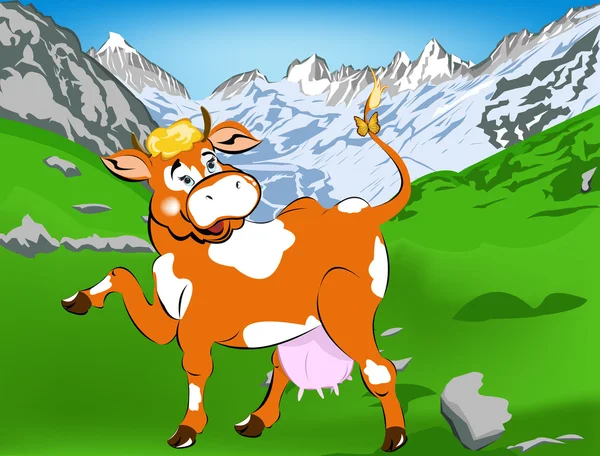 Etichetta latticini. Una mucca allegra alti prati alpini di verde — Foto Stock