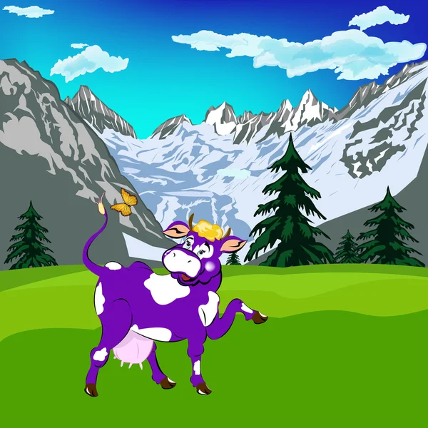 Etiqueta productos lácteos. Una vaca alegre púrpura altos prados alpinos de verde — Foto de Stock