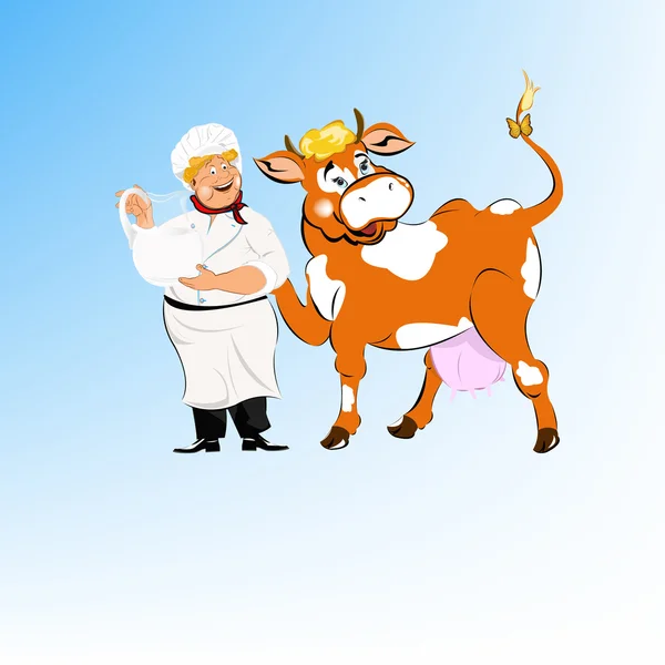 Label dairy products.A cheerful milkman and cow — Stock Photo, Image