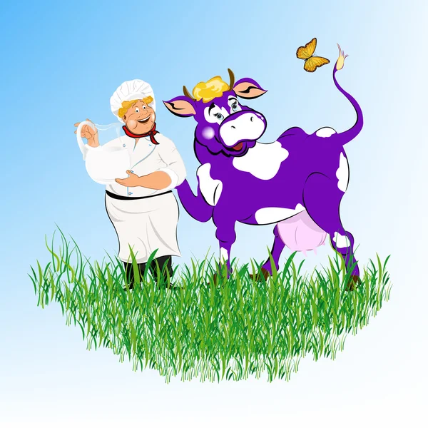 Etikett Milchprodukte. Ein fröhlicher Milchmann und lila Kuh — Stockfoto