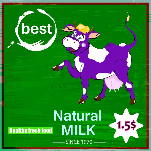 Этикетка молочные продукты. Свежее молоко из фиолетовой веселой коровы — стоковый вектор