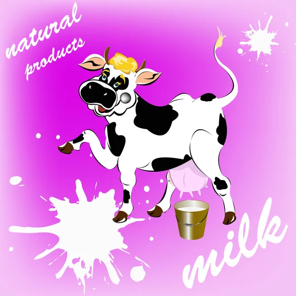Aufkleber Milchprodukte. Eine frische Milch von einer fröhlichen Kuh — Stockvektor