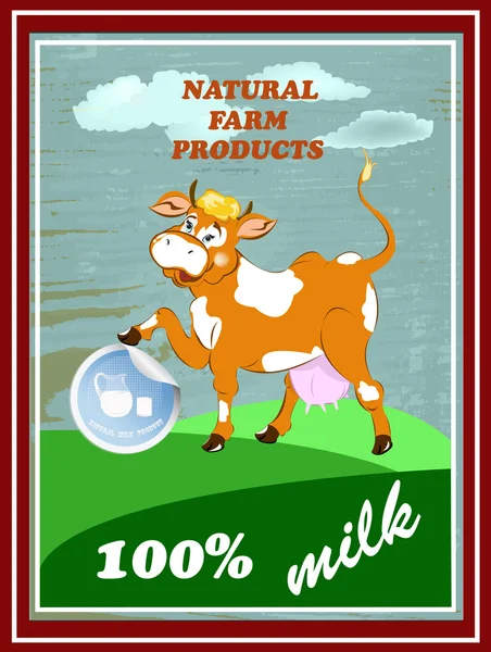 Sticker dairy products.A fresh milk from cheerful cow — Stock Vector