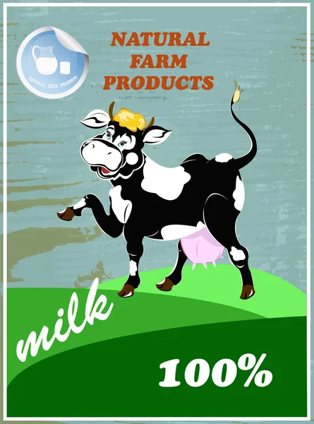 Sticker dairy products.A fresh milk from cheerful cow — Stock Vector