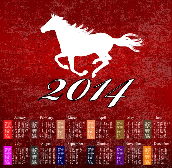 Das Neujahrspferd. Kalender 2014 Text Pinsel auf Papier Recycling Hintergrund — Stockvektor
