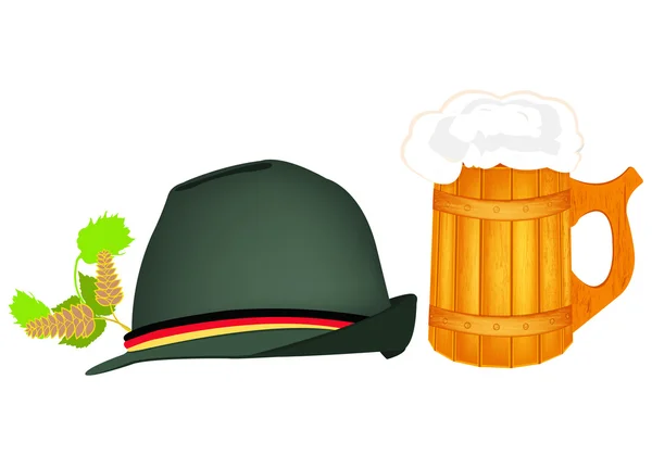 Hat in the tradition of beer festivals and foamy mug of fresh beer — Stock Photo, Image