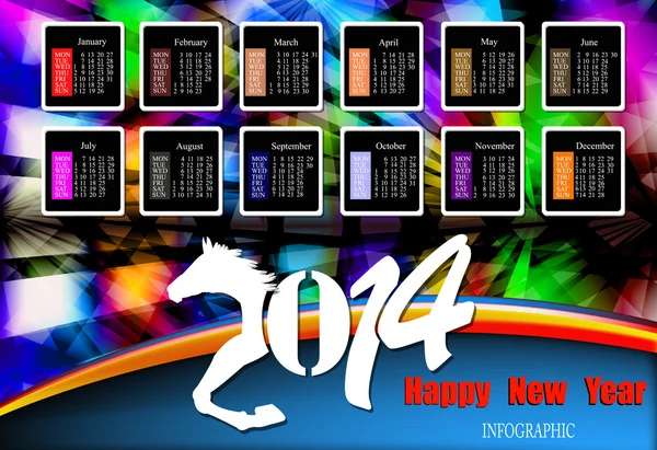 Feliz año nuevo creativo 2014. Calendarios infográficos. Vector — Archivo Imágenes Vectoriales