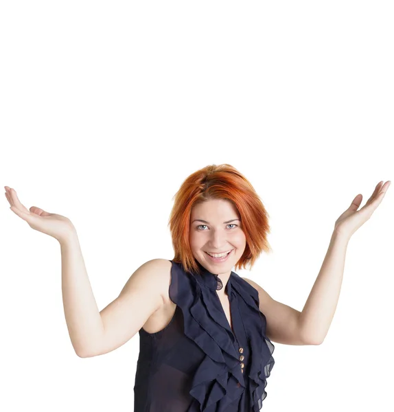 Mulher feliz com cabelo vermelho no fundo branco.Emoções Felicidade — Fotografia de Stock