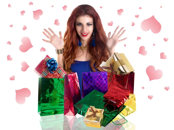 Beautiful happy girl rejoices gifts for Valentine's Day.Holiday concept — Stock Photo, Image